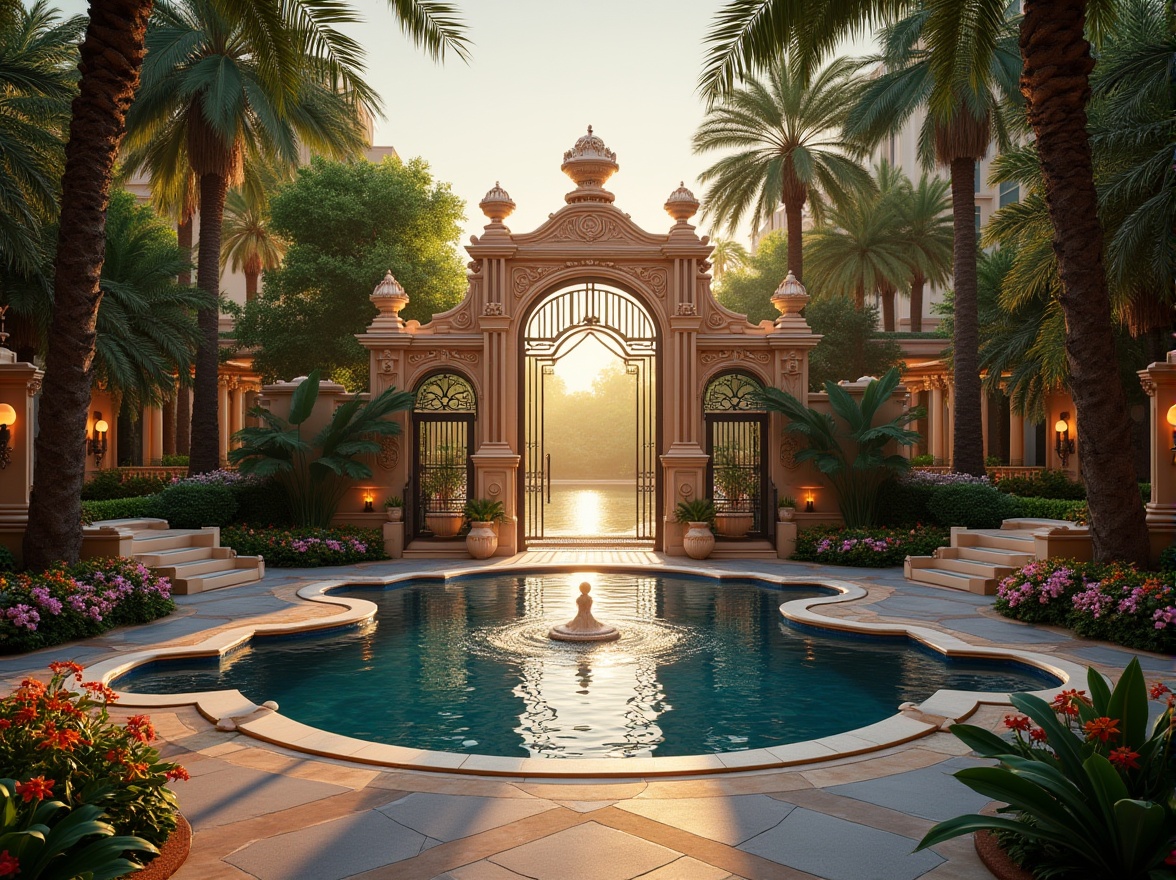 Prompt: Art Deco park, grand entrance, symmetrical composition, intricate iron gates, ornate fountains, sunken gardens, curved walkways, vibrant floral patterns, geometric shapes, luxurious marble benches, lush greenery, tropical palm trees, dramatic spotlights, warm sunset lighting, soft focus, cinematic atmosphere, 1920s style lamps, ornamental sculptures, grand staircases, elegant water features, lavish vegetation, symmetrical reflection pool.