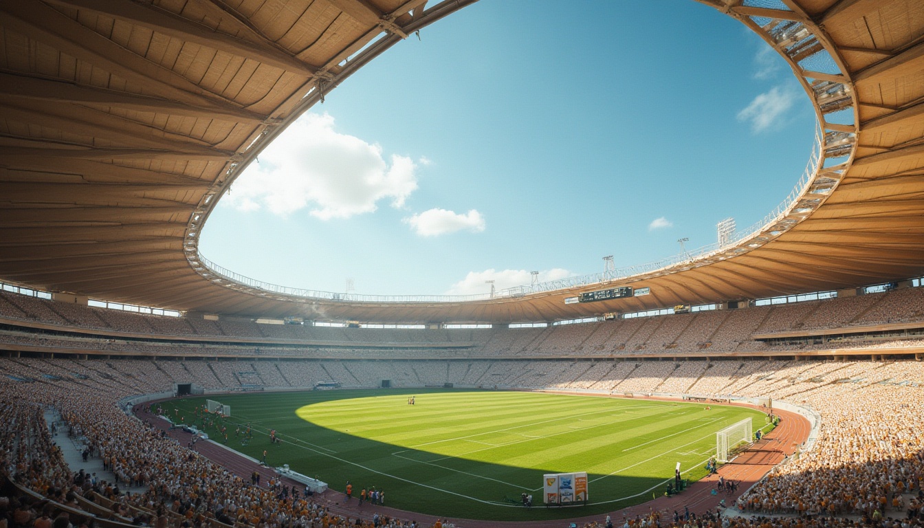 Prompt: Stadium architecture, modern design, sandy brown materials, concrete texture, metal structure, angular lines, grand scale, daytime, clear sky, few clouds, soft sunlight, panoramic view, low-angle shot, dramatic composition, athletic tracks, green grass, audience seats, scoreboard, goalposts, sports equipment, vibrant team colors.