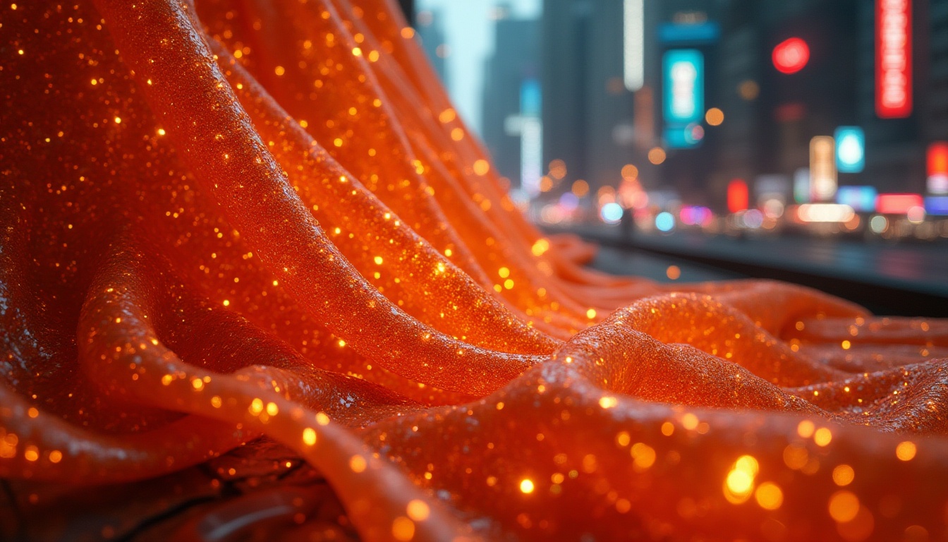 Prompt: High-tech fabrics, vibrant orange color, neon-lit cityscape, futuristic skyscrapers, reflective metallic surfaces, glowing fiber optics, intricate circuit patterns, glossy polyester fabric, iridescent sheen, holographic textures, dynamic folds, flowing drapery, avant-garde fashion design, cyberpunk atmosphere, dramatic low-angle shot, high-contrast lighting, 3/4 composition.