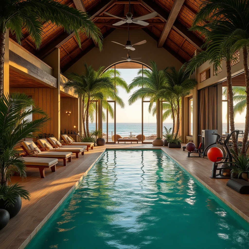 Prompt: Tropical island oasis, fitness club interior, palm trees, exotic plants, natural stone walls, wooden decking, turquoise pool water, lounge chairs, beach balls, dumbbells, exercise machines, mirrored walls, ceiling fans, rustic wooden beams, large windows, ocean view, sunset lighting, warm ambiance, 3/4 composition, soft focus background.