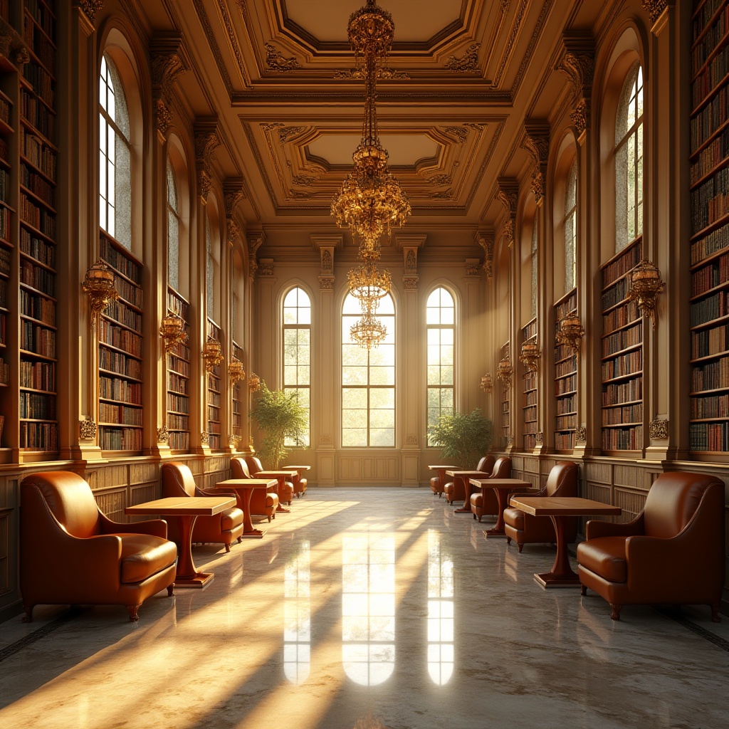 Prompt: Golden color, warm ambiance, library interior, grand high ceiling, marble flooring, rows of tall bookshelves, comfortable reading nooks, wooden tables, leather chairs, soft cushions, elegant chandeliers, intricate moldings, ornate details, natural light pouring in through large windows, warm afternoon sunbeams, gentle shadows, 3/4 composition, symmetrical framing, harmonious color palette, inviting atmosphere, peaceful ambiance, modern classic style.