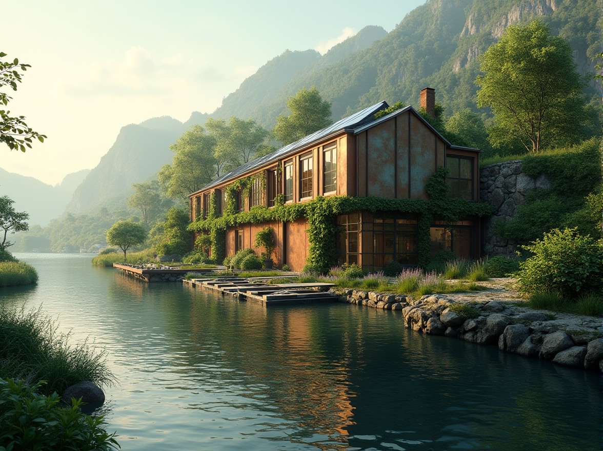 Prompt: Lakefront factory, green architecture, copper material, rustic exterior walls, modern industrial windows, solar panels on roof, lush greenery, vines crawling up walls, serene lake views, gentle ripples on water surface, distant mountains, warm afternoon sunlight, soft shadows, 3/4 composition, ambient light, cinematic atmosphere, peaceful environment, eco-friendly design, sustainable development.