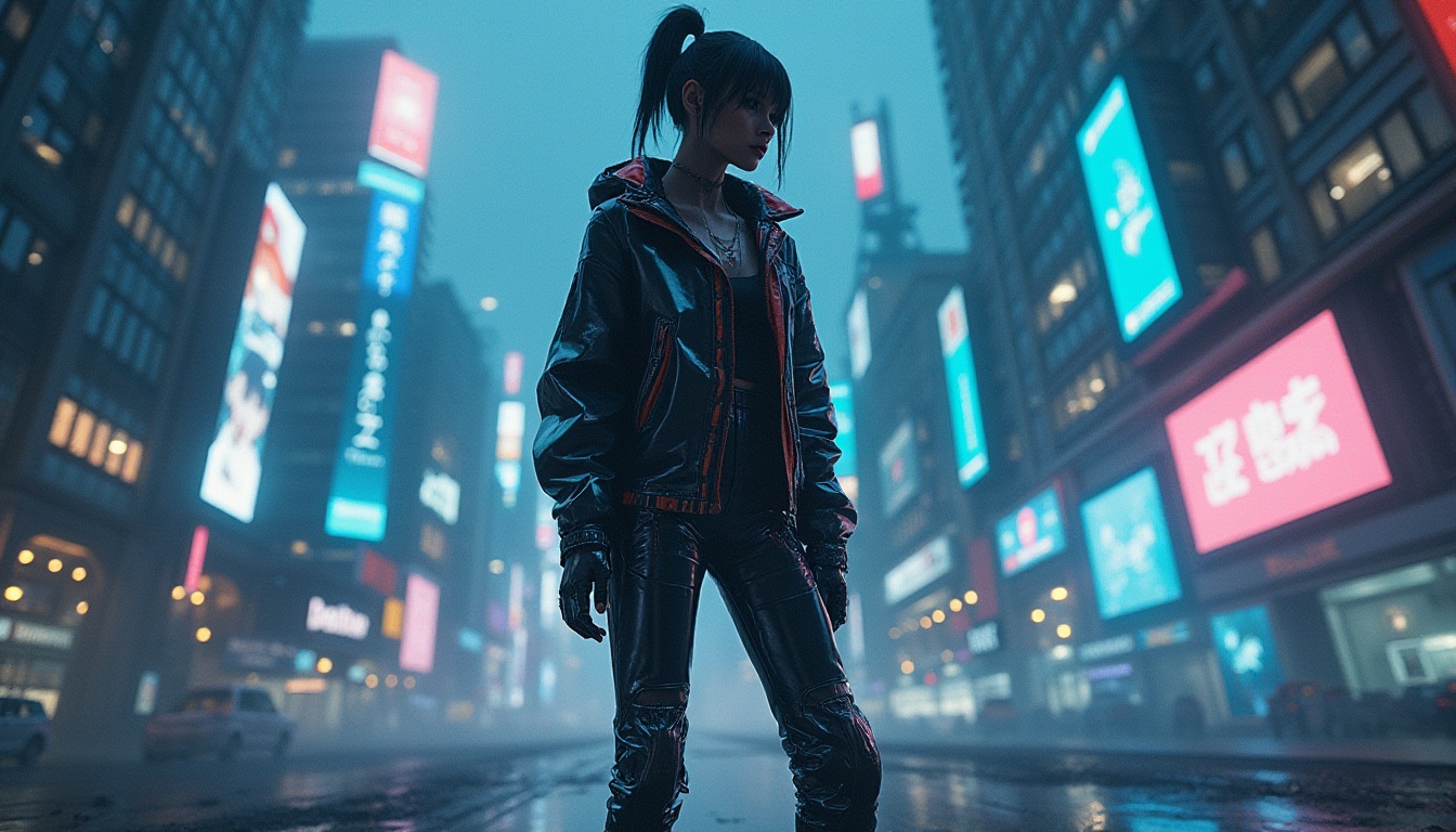 Prompt: High-tech style, futuristic girl, standing, metallic fabrics, neon lights, leather jacket, PVC pants, chrome boots, cyberpunk cityscape, skyscrapers, holographic advertisements, rainy night, foggy atmosphere, dramatic lighting, cinematic composition, fish eye lens.