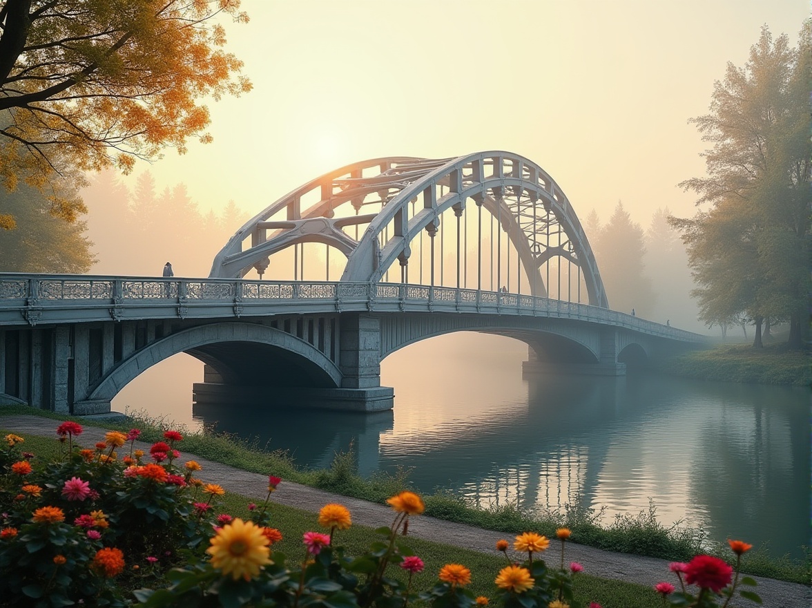 Prompt: Elegant bridge, Streamline Moderne style, Art Deco influence, silver metal structure, curved lines, geometric shapes, ornate railings, grand arches, majestic pillars, soft warm lighting, misty morning atmosphere, river flowing beneath, lush greenery on banks, vibrant flowers blooming, few pedestrians strolling, peaceful ambiance, cinematic composition, 3/4 view, low-angle shot, misty veil effect.