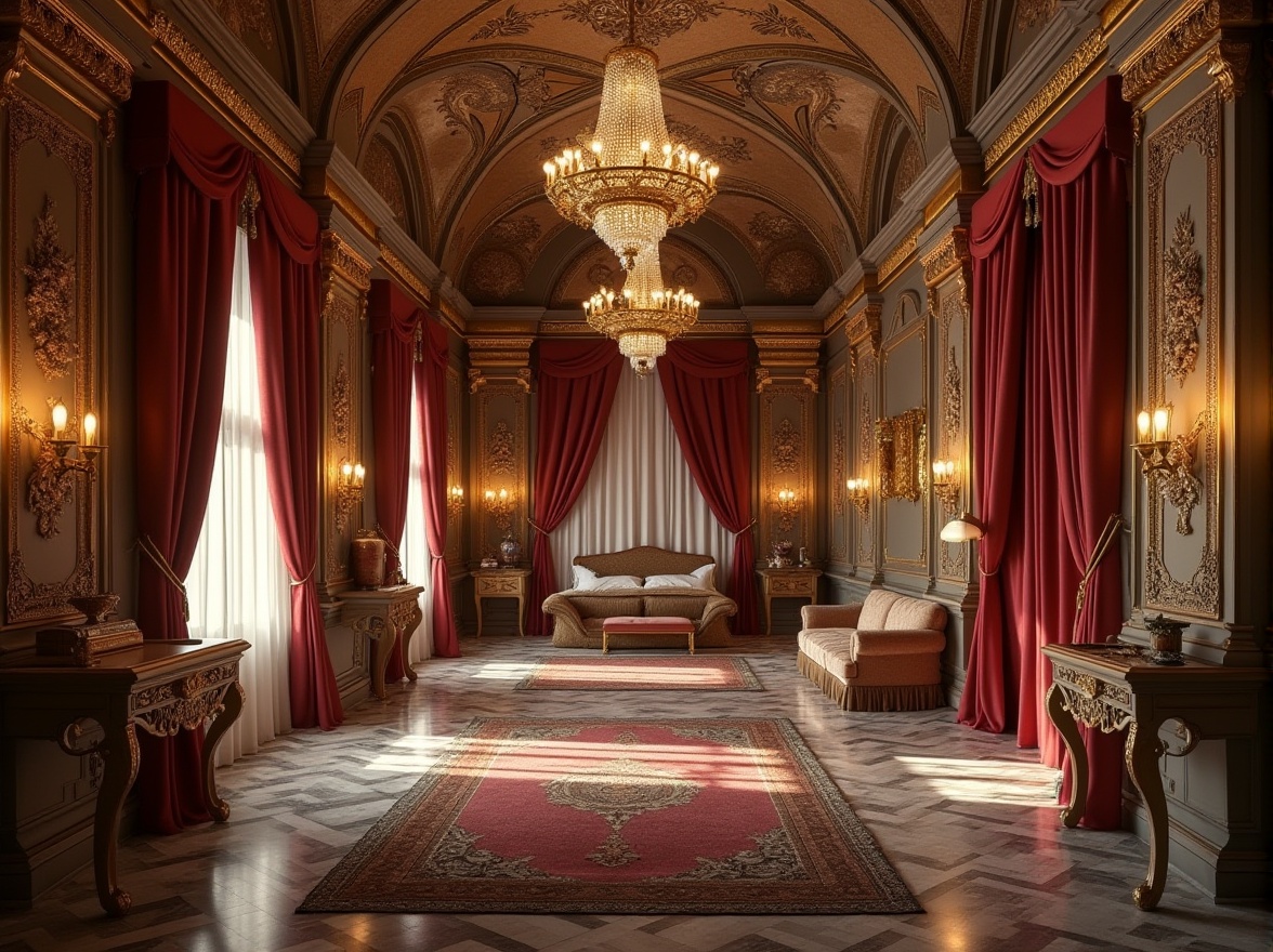 Prompt: Byzantine style dorm, luxurious interior, ornate details, golden accents, intricate mosaics, high ceilings, grand chandeliers, regal atmosphere, lavish furnishings, velvet curtains, marble floors, ornate columns, rich tapestries, historic artifacts, dim warm lighting, evening ambiance, soft focus, shallow depth of field.