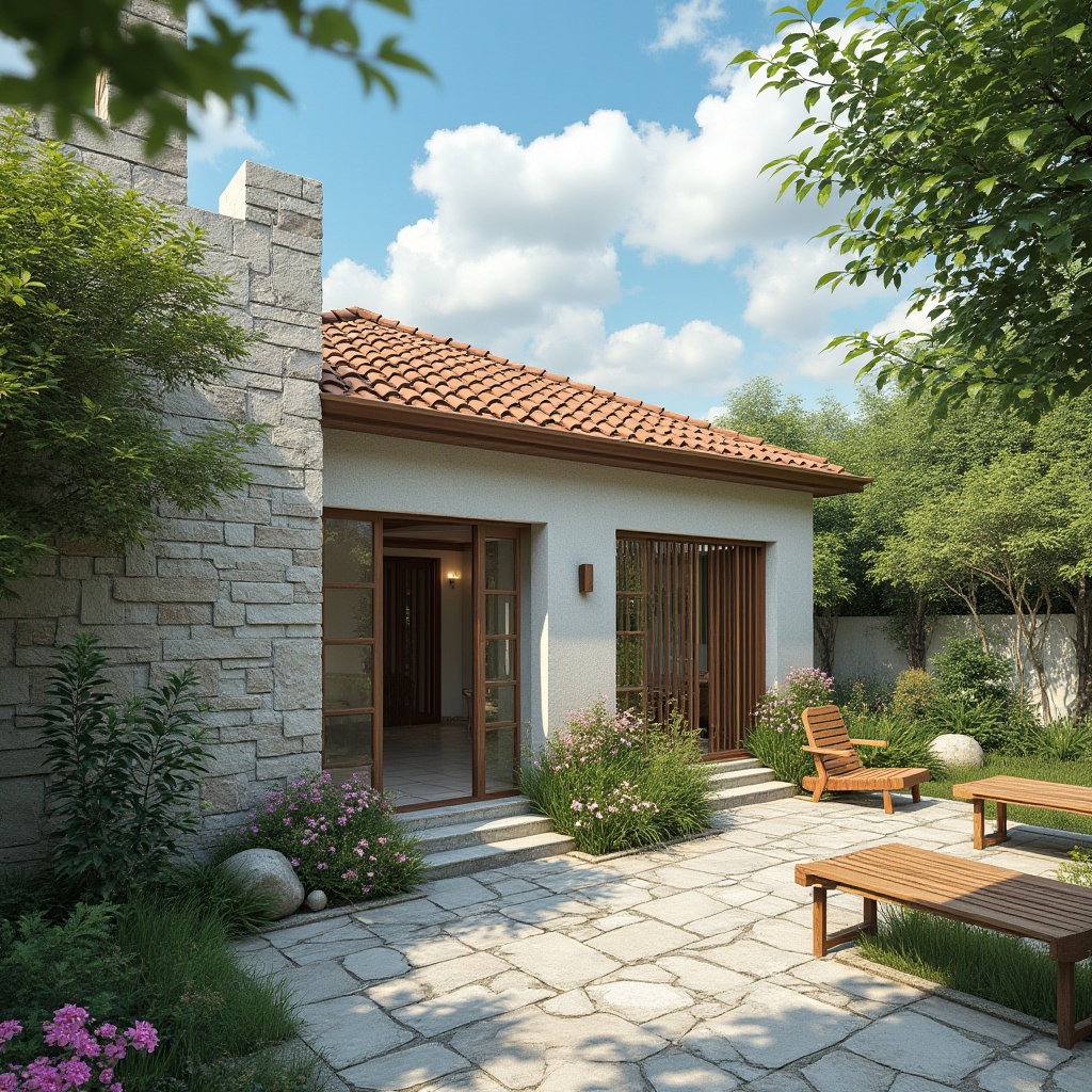 Prompt: Masonry material, outdoor space, modern villa, backyard, sunny day, blue sky, white clouds, lush greenery, flowers blooming, stone pavement, brick wall, rustic wooden bench, natural texture, rough finish, earthy tone, warm ambient lighting, shallow depth of field, 3/4 composition.