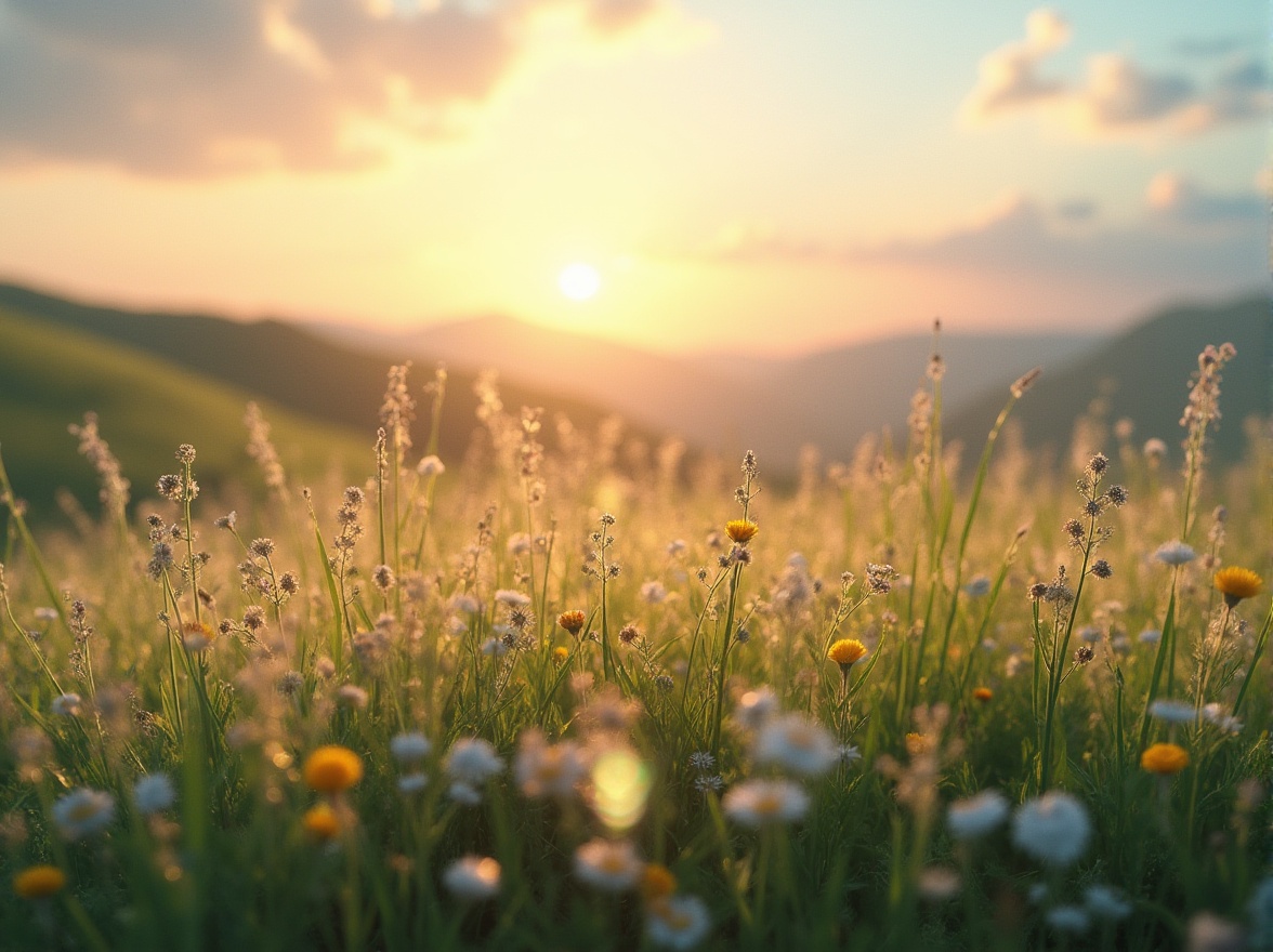 Prompt: Meadow inspirations, high-tech fabric designs, futuristic patterns, iridescent colors, shimmering fabrics, delicate wildflowers, intricate blades of grass, soft focus, dreamy atmosphere, warm sunlight, gentle breeze, rolling hills, serene landscape, 3/4 composition, panoramic view, softbox lighting, cinematic mood.