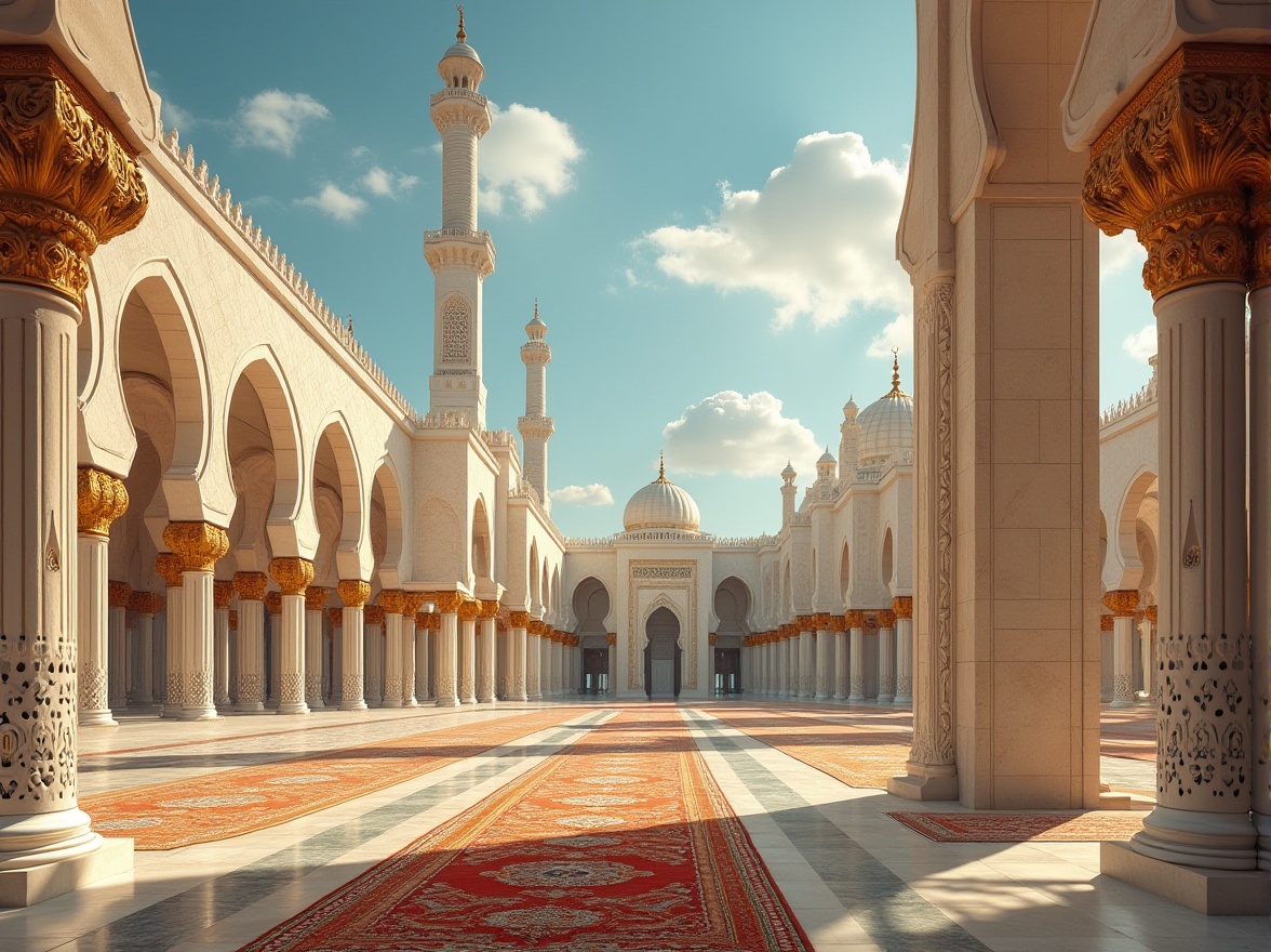 Prompt: Intricate Islamic architecture, grand mosque, innovative sand-casted materials, ornate columns, curved arches, intricate geometric patterns, golden accents, soft warm lighting, prayer rugs, solemn atmosphere, Middle Eastern cityscape, sunny day, blue sky with few white clouds, 3/4 composition, shallow depth of field, beautiful detailed textures.