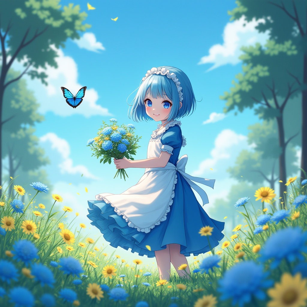 Prompt: Vibrant atmosphere, blue dominant color scheme, bright sunny day, clear sky with few white clouds, 3/4 composition, dynamic lighting, shallow depth of field, beautiful detailed flowers in blue and yellow hues, lush green grass, vibrant blue butterfly flying around, solo young girl with short blue hair, bright blue eyes, radiant smile, wearing a flowy blue dress with white apron, holding a bouquet of blue flowers, gentle breeze blowing her hair, standing in a picturesque garden surrounded by tall trees, subtle warm glow.