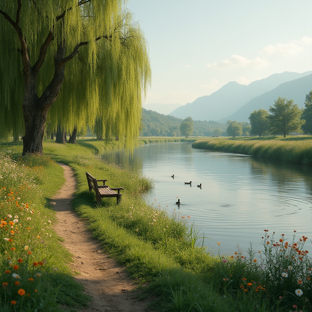 Prompt: Serenity riverbank, gentle afternoon sunlight, lush greenery, wildflowers blooming in vibrant colors, weeping willows swaying near the calm water's edge, a narrow dirt path meandering alongside the river, few ducks swimming lazily, an old wooden bench facing the river, untouched by the hustle and bustle, distant mountains creating a serene backdrop, soft ripples on the water surface as a light breeze passes, warm and soft ambient lighting, gentle composition, panoramic view.