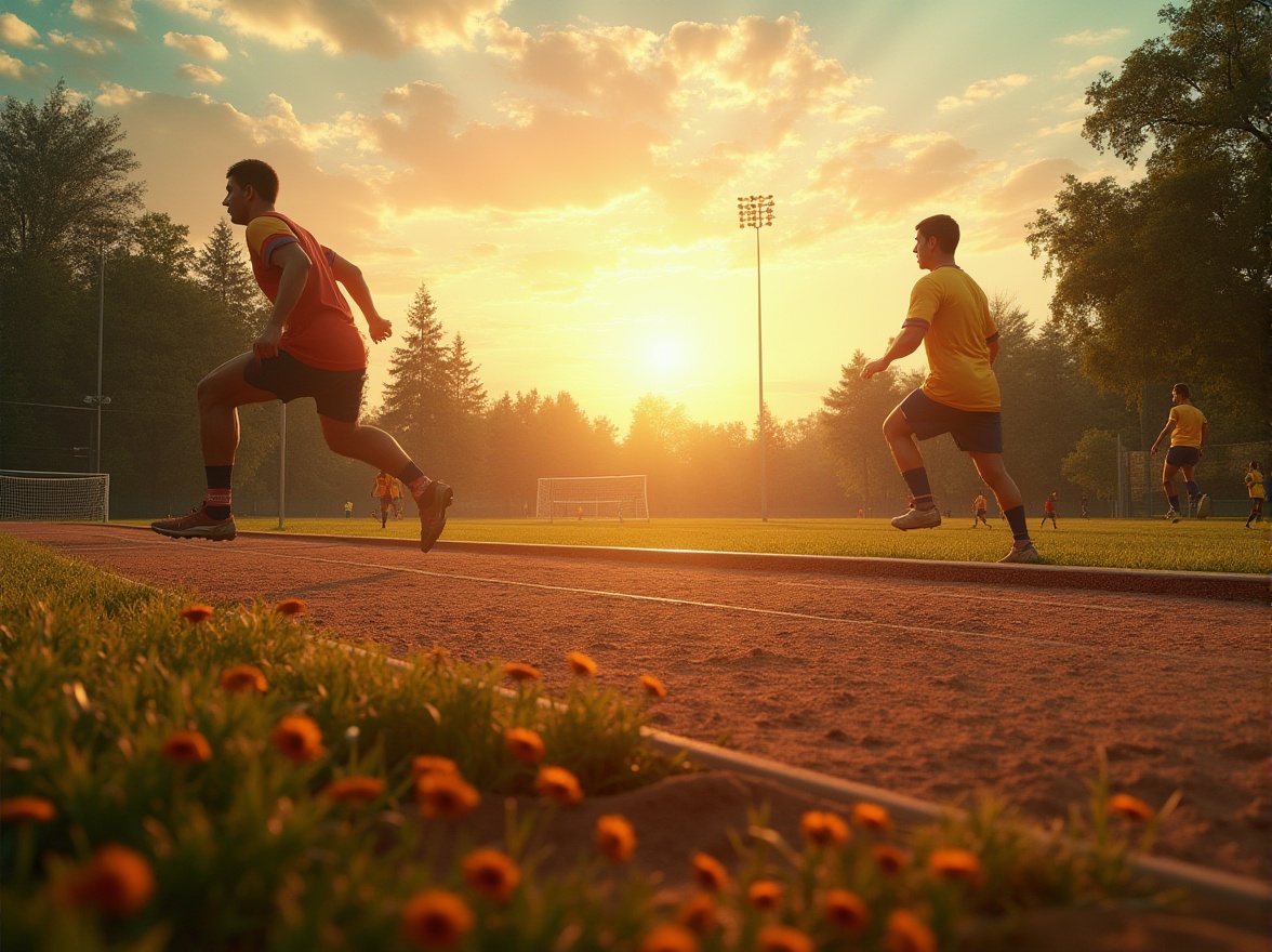 Prompt: Sports field, natural landscape, sunset time, warm golden light, sandstone athletic track, rough texture, earthy tone, lush green grass, vibrant wildflowers, tall trees surrounding, wooden goalposts, metal fences, athletic equipment scattered, athletes in motion, running, jumping, throwing, dynamic action, dramatic composition, low-angle shot, heroic lighting, realistic atmosphere.