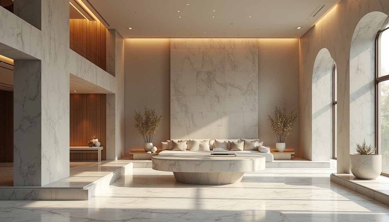 Prompt: Bauhaus style, marble material, modern architecture, geometric shapes, clean lines, minimalist decor, luxurious interior, high-end furniture, elegant ambiance, sophisticated atmosphere, warm lighting, subtle texture, smooth surface, natural pattern, stone wall, column, floor, table top, decorative accents, artistic sculptures.