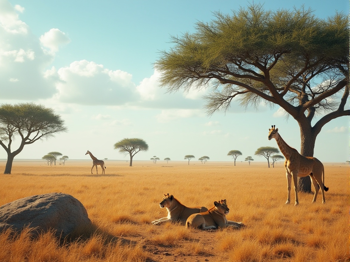 Prompt: Savanna environment, vast open plains, Acacia trees, golden grass, warm sunlight, blue sky with few white clouds, a giraffe in the distance, a pair of lions resting under a tree, a single rock formation, dry earth ground, soft focus on background, sharp details on foreground, cinematic composition, natural ambient lighting.