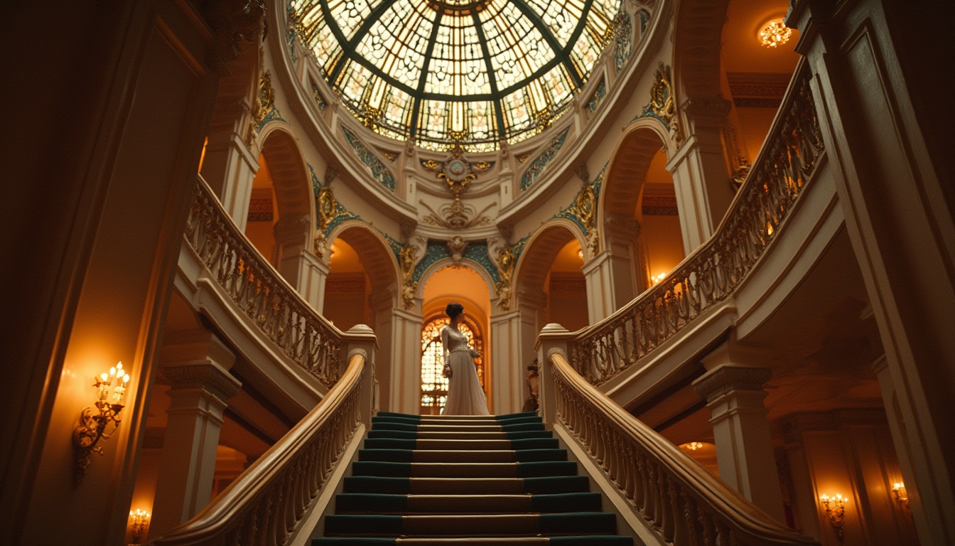 Prompt: Art Nouveau cinema, grandiose architecture, ornate decorations, intricate ironwork, stained glass ceiling, luxurious velvet curtains, golden accents, ornamental patterns, flowing curves, elegant lines, majestic staircases, cinematic lighting, warm color palette, soft focus, shallow depth of field, symmetrical composition, low-angle shot, 1920s flair, opulent atmosphere, mysterious ambiance, intimate close-up, elaborate hairstyles, lavish makeup, exquisite jewelry, luxurious fabrics, ornate frames, grand entrance, sweeping staircase, majestic interior, vintage camera equipment.