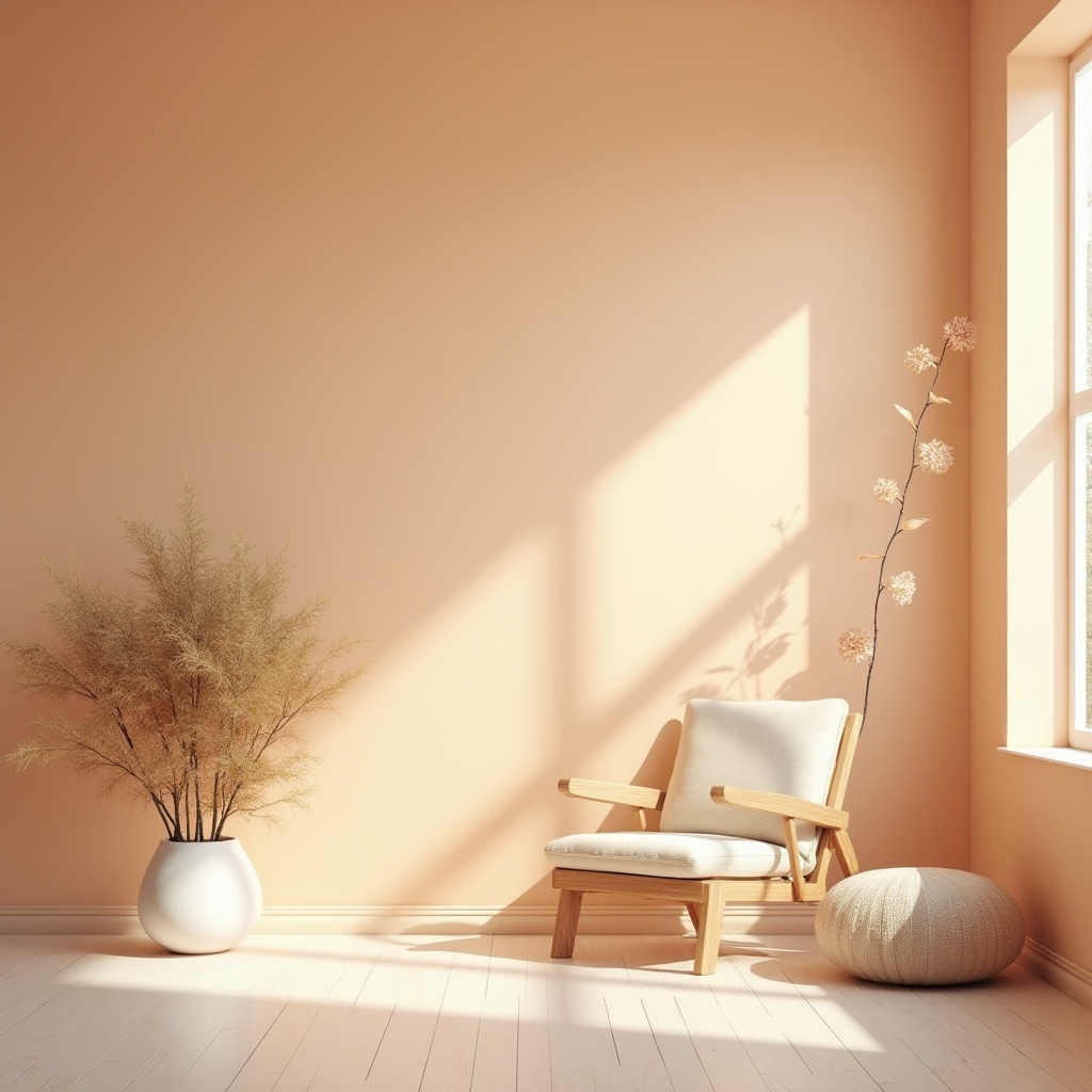 Prompt: Apricot color, pastel tone, warm beige, gentle gradient, soft peach, delicate texture, minimalist composition, Scandinavian style, interior design, home decor, modern furniture, wooden accents, plants, natural light, airy atmosphere, cozy ambiance, relaxed mood, warm inviting, 3/4 view, shallow depth of field, soft focus, film grain, natural materials.