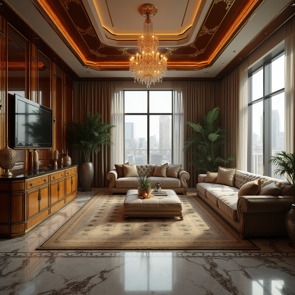 Prompt: Luxurious living room, Art Deco design, 1920s glamour, opulent furnishings, geometric patterns, metallic accents, marble floor, grand chandelier, velvet sofas, ornate wooden cabinets, abstract sculptures, cityscape view, skyscraper outside, metropolitan vibes, warm golden lighting, cinematic composition, shallow depth of field, high-contrast HDR.