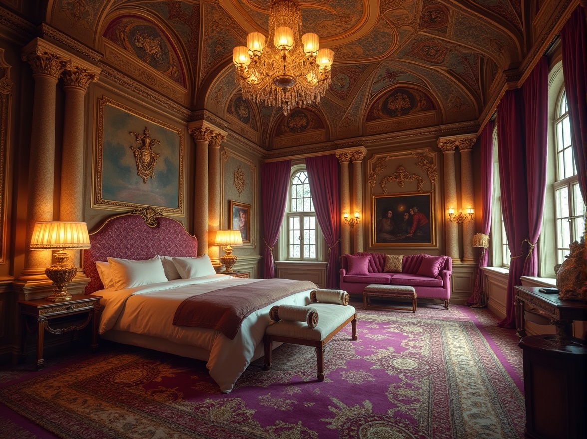 Prompt: Majestic dorm, Byzantine style, ornate golden decorations, intricate mosaics, grand chandeliers, luxurious velvet drapes, regal purple walls, ornamental patterns on carpets, ancient Greek columns, vaulted ceilings, stained glass windows, richly detailed furniture, lavish bedding, mysterious ambiance, warm golden lighting, 3/4 composition, soft focus, cinematic mood.