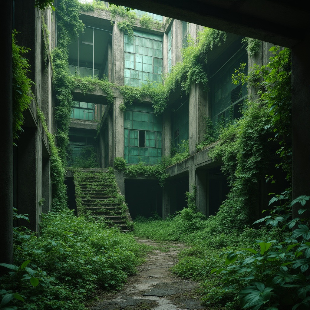 Prompt: Brutalist architecture, green accents, lush vegetation, ivy-covered concrete walls, moss-filled cracks, overgrown ruins, abandoned factory, industrial decay, urban jungle, broken windows, rusty metal beams, weathered stone, green-tinted glass, modern brutalism, 3/4 composition, low-angle shot, dramatic lighting, misty atmosphere.