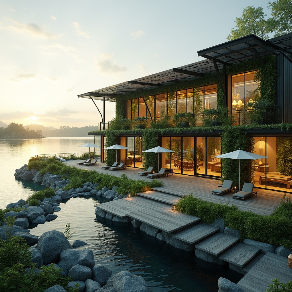 Prompt: Lakefront, factory, green architecture, futuristic, innovative, eco-friendly, steel frame, glass walls, solar panels, green roof, vertical garden, water feature, fountain, stepping stones, wooden decking, lounge chairs, umbrellas, lake views, sunset, warm lighting, shallow depth of field, 3/4 composition, symmetrical balance, modern, sleek lines, industrial chic, environmental sustainability.