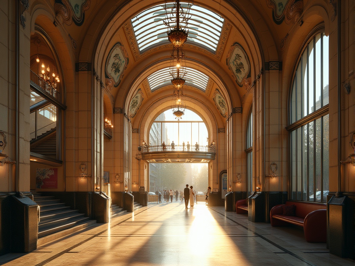 Prompt: Streamlined Moderne tram station, 1930s art deco architecture, elegant curves, polished chrome accents, geometric patterns, large glass windows, arched entrance, grand staircase, luxurious chandeliers, marble flooring, intricate ironwork, vintage posters, bustling city atmosphere, afternoon sunlight, soft shadows, cinematic composition, low-angle shot, symmetrical framing, shallow depth of field, vibrant colors, warm lighting, metropolitan ambiance.