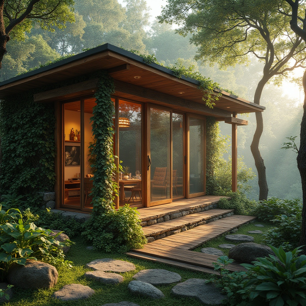 Prompt: Incorporating natural forest elements, modern wooden villa, surrounded by tall trees, lush greenery, vines crawling up walls, wooden beams, stone foundation, large windows, sliding glass doors, rustic wooden furniture, earthy tone color scheme, warm soft lighting, cozy atmosphere, morning mist, sunbeams filtering through leaves, birds singing in the distance, peaceful ambiance, 3/4 composition, wide-angle lens, cinematic mood.