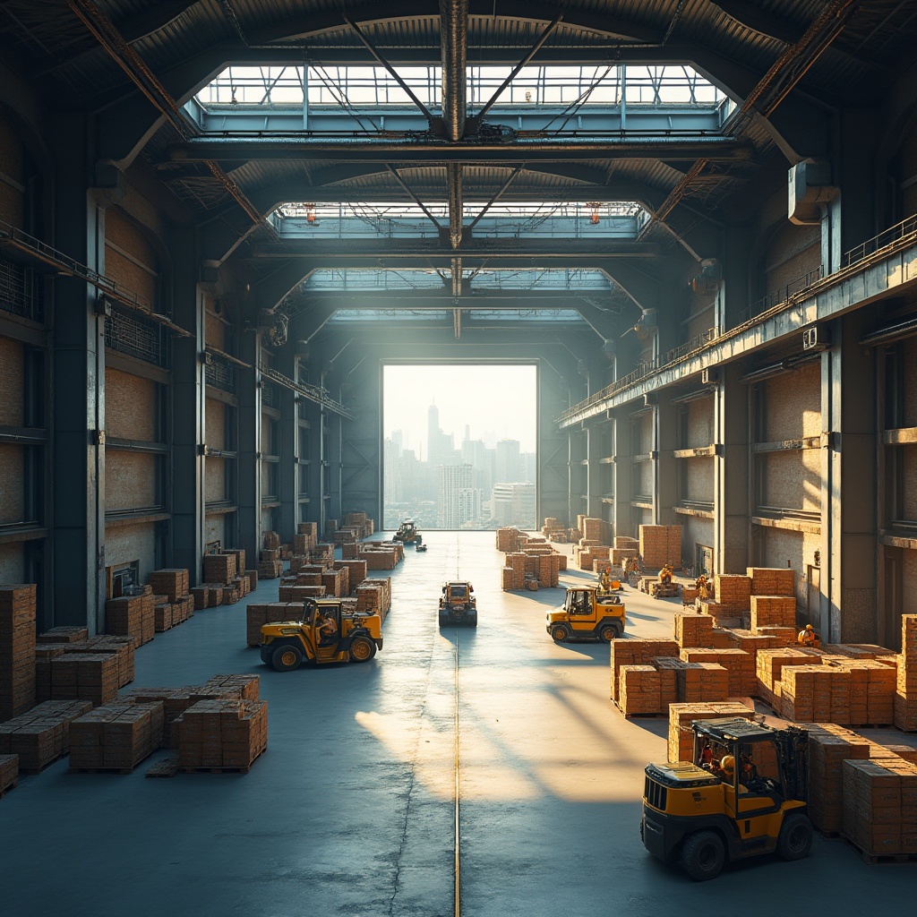 Prompt: Modern distribution center, large warehouse, industrial setting, concrete floor, steel beams, masonry materials, brick walls, stone columns, metal roofing, natural light pouring through skylights, busy forklifts moving goods, workers in yellow vests, crates and boxes stacked high, conveyor belts, overhead cranes, pipes and ductwork, urban landscape outside, cityscape, afternoon sunlight casting long shadows, 3/4 composition, depth of field, realistic, ambient light, cinematic composition.