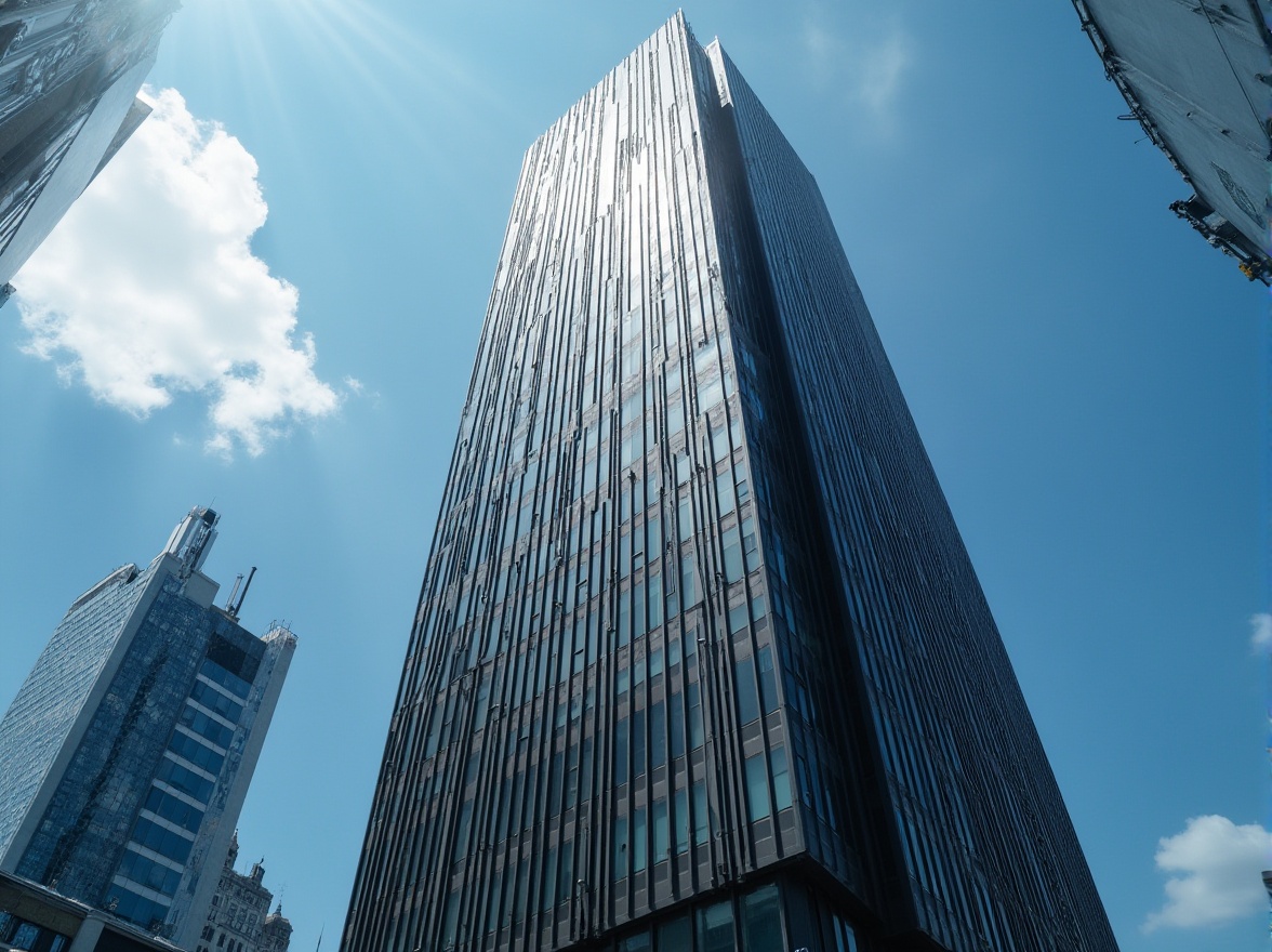 Prompt: Modern skyscraper, dark gray concrete exterior, sleek straight lines, angular architecture, towering high-rise building, bustling cityscape, blue sky with few white clouds, dramatic low-angle shot, strong contrast between light and shadow, detailed textures, reflective glass windows, steel beams, urban landscape, afternoon sunlight casting long shadows.