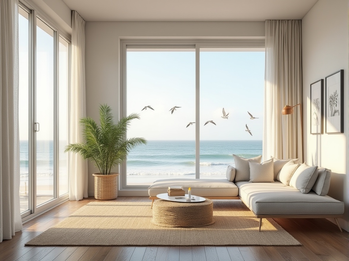 Prompt: Beach loft, interior design, modern minimalist, bright airy space, large windows, panoramic ocean view, wooden floor, white walls, sleek low-profile furniture, comfortable plush sofa, woven sea grass rug, potted palm tree, natural textiles, linen fabrics, driftwood decorative accents, soft pastel color palette, warm ambient lighting, cozy reading nook, ocean breeze, seagulls flying outside.