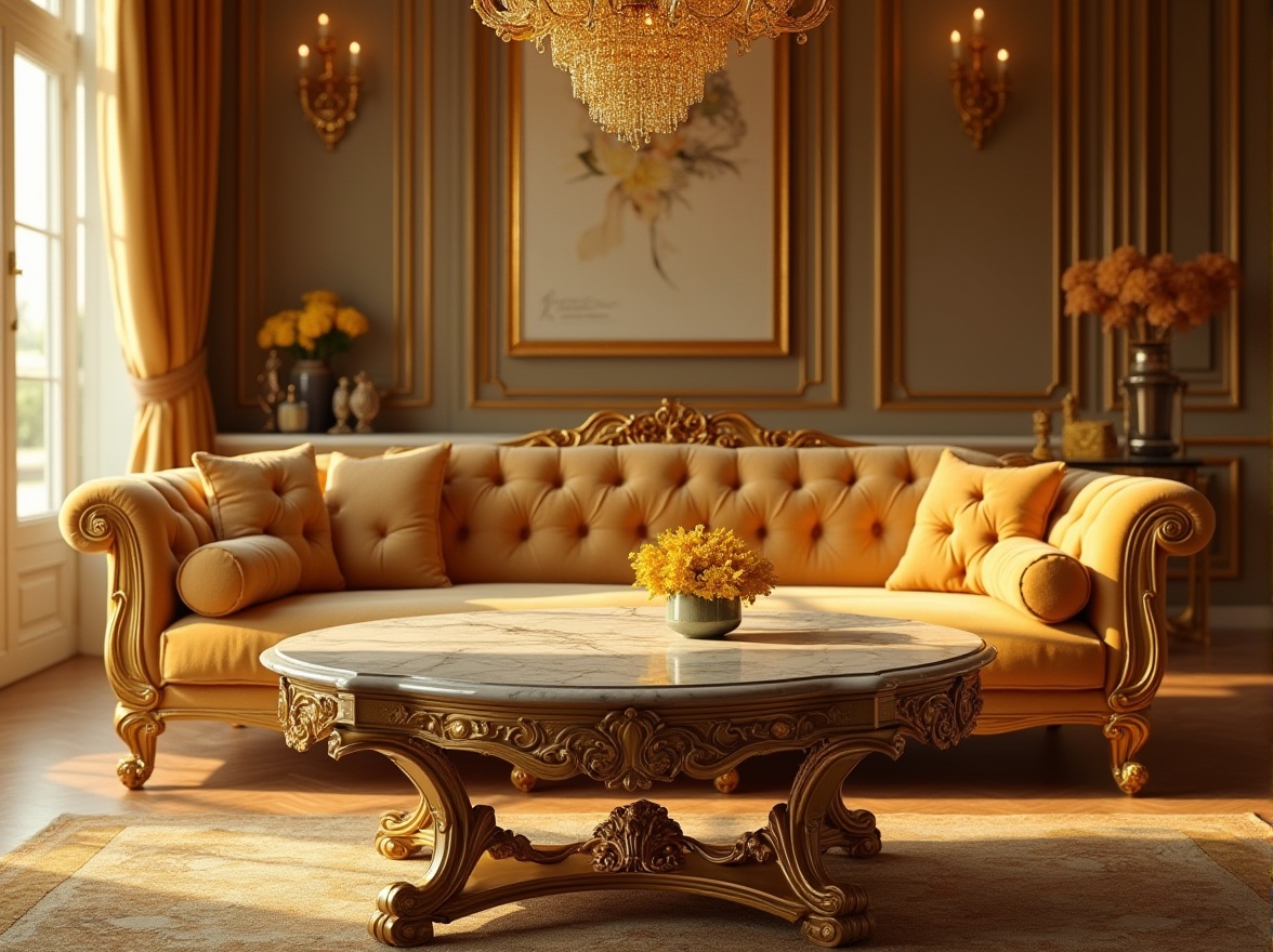 Prompt: Luxurious interior, golden color theme, velvet sofa, marble table, crystal chandelier, intricate patterns, ornate frame, warm lighting, soft focus, cinematic composition, 3/4 view, close-up shot, rich texture, elegant atmosphere, luxury mansion, upscale living room, afternoon sunlight, subtle shadows.