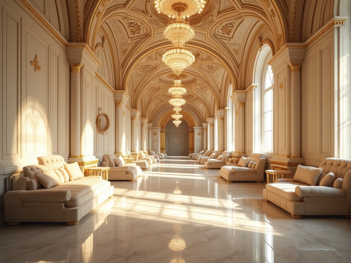 Prompt: Byzantine dorm design, luxurious interior, ornate plaster material, creamy white walls, intricate golden patterns, ornamental ceiling, crystal chandelier, lavish furniture, velvet upholstery, soft cushioning, majestic arches, grand staircase, marble flooring, shiny surface, dramatic lighting, warm atmosphere, regal ambiance, 3/4 composition, low-angle shot, cinematic mood.