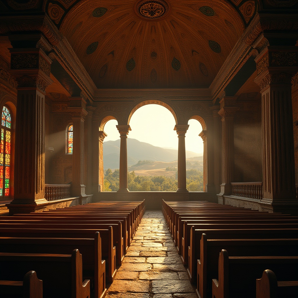 Prompt: Rural theatre, Byzantine style, ornate decorations, golden domes, intricate mosaics, rustic wooden benches, velvet curtains, dim warm lighting, afternoon sunbeams streaming through stained glass windows, majestic stone pillars, rural landscape outside, rolling hills, scattered trees, distant mountains, 3/4 composition, cinematic shot, soft focus, warm color palette, nostalgic atmosphere.