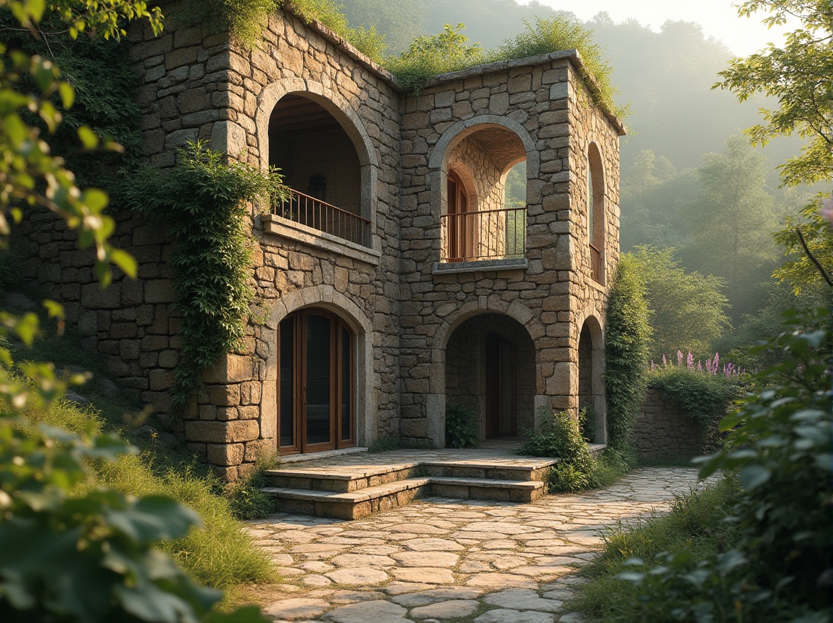 Prompt: Masonry building, modern architecture, stone wall, rough-hewn stones, irregular shapes, earthy tones, natural texture, rustic charm, vines crawling up walls, lush greenery surroundings, morning dew, soft sunlight, 3/4 composition, shallow depth of field, warm color palette, realistic rendering.