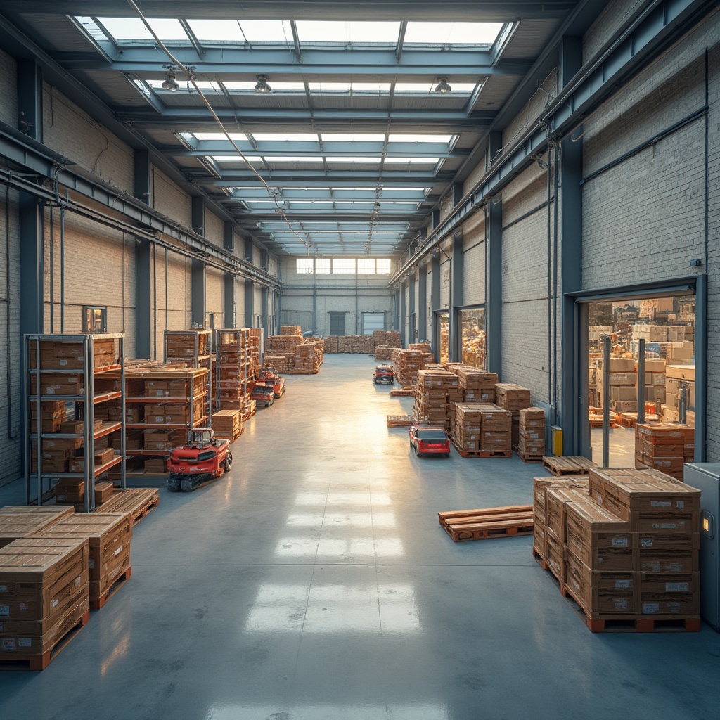 Prompt: Industrial distribution center, modern architecture, masonry materials, brick walls, steel beams, concrete pillars, glass windows, metal roofs, loading docks, cargo trucks, forklifts, storage shelves, boxes, crates, pallets, daytime, cloudy sky, natural light, warm color tone, shallow depth of field, wide-angle lens, symmetrical composition.