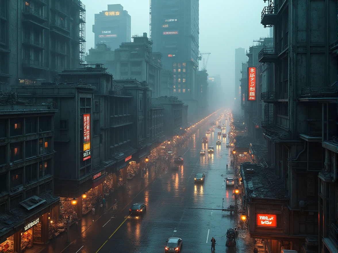 Prompt: Urban commercial districts, brutalist architecture, concrete jungle, skyscrapers, geometric shapes, rugged textures, metallic accents, neon lights, bustling streets, crowded sidewalks, modern cityscape, rainy nights, misty atmosphere, high-angle shot, cinematic composition, urban decay, industrial chic, cyberpunk vibes.