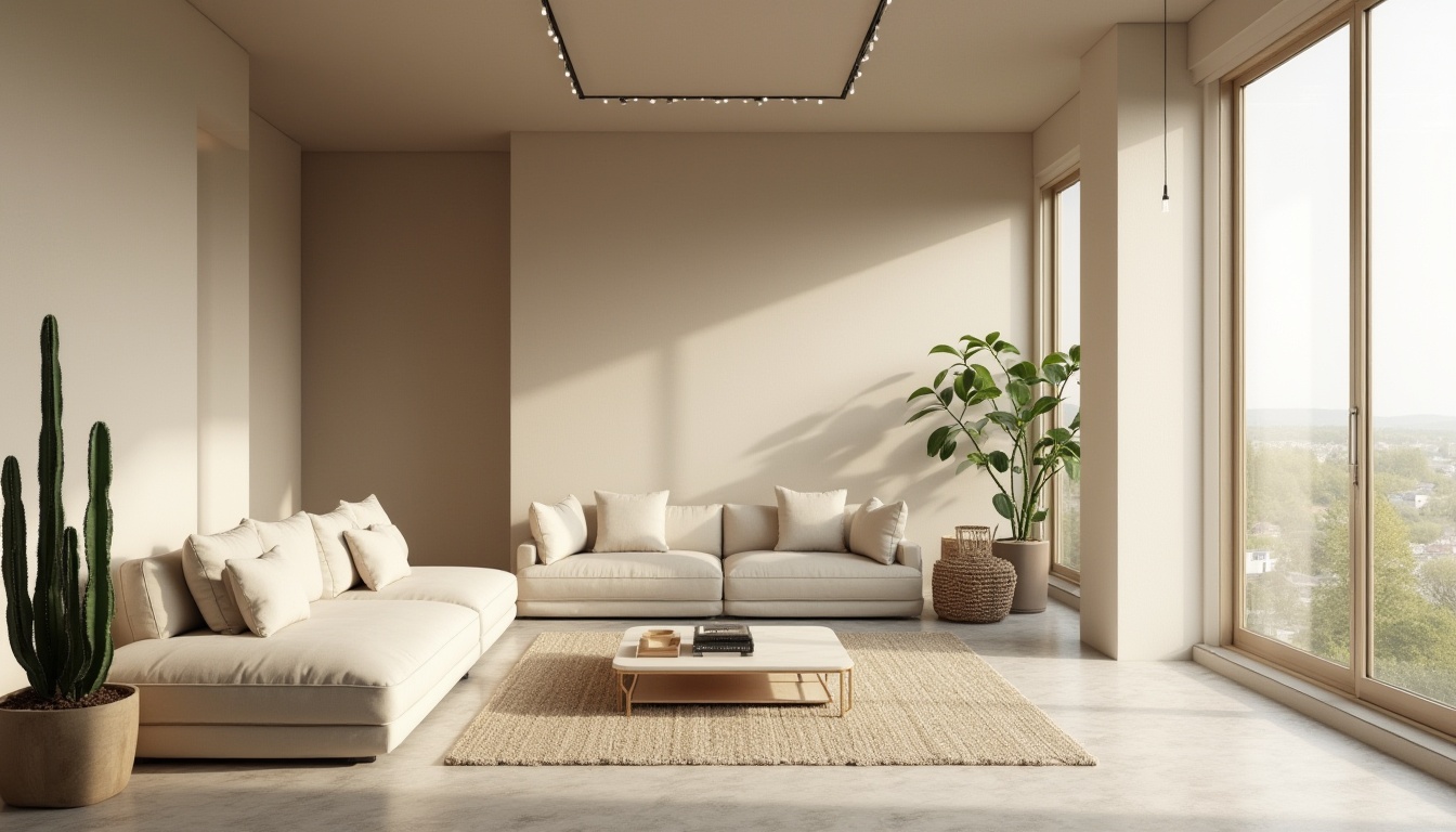 Prompt: Minimalist interior, modern living room, beige walls, sand-casted concrete floor, low-profile sofa, sleek coffee table, few decorative objects, industrial-style lighting fixtures, natural textiles, woven baskets, potted cacti, large windows, panoramic view, soft diffused light, 3/4 composition, ambient atmosphere, Scandinavian design influence.