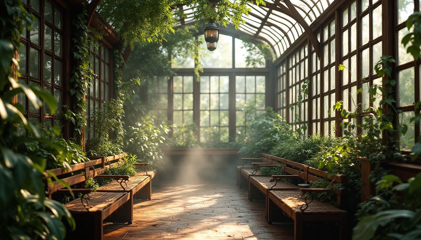 Prompt: Greenhouse, regionalism style, lush vegetation, exotic flowers, vines crawling up walls, large glass panels, wooden frames, natural light pouring in, warm ambiance, humid atmosphere, misty air, soft focus, shallow depth of field, 3/4 composition, close-up of plants, panoramic view of interior, rustic wooden benches, woven wicker chairs, earthy tone color palette, intricate architecture details, ornate metalwork, steam rising from the ground, early morning or late afternoon lighting.