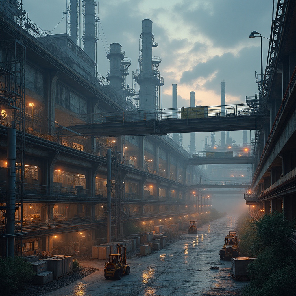 Prompt: Industrial area, urban planning, modern architecture, factories, warehouses, smokestacks, cranes, metal beams, concrete floors, steel pipes, machinery, conveyor belts, LED lights, transparent roofs, large windows, minimalist design, functional layout, safety signs, warning tapes, reflective vests, hard hats, workers in uniform, forklifts, containers, pallets, urban landscape, city skyline, polluted air, heavy traffic, noise pollution, industrial heritage, abandoned factories, rusty machinery, overgrown vegetation, sunset lighting, misty atmosphere, dramatic composition.