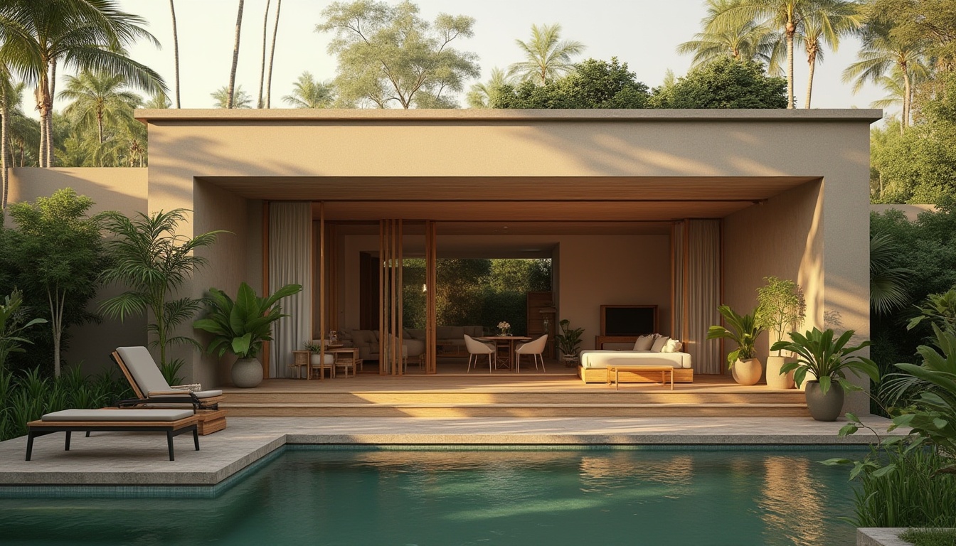 Prompt: Villa modernism, khaki color, exterior wall, clean lines, minimalist architecture, large windows, sliding glass doors, greenery surroundings, tropical plants, wooden decorations, natural textures, warm ambient lighting, afternoon sun, 3/4 composition, depth of field, soft focus, cinematic mood.