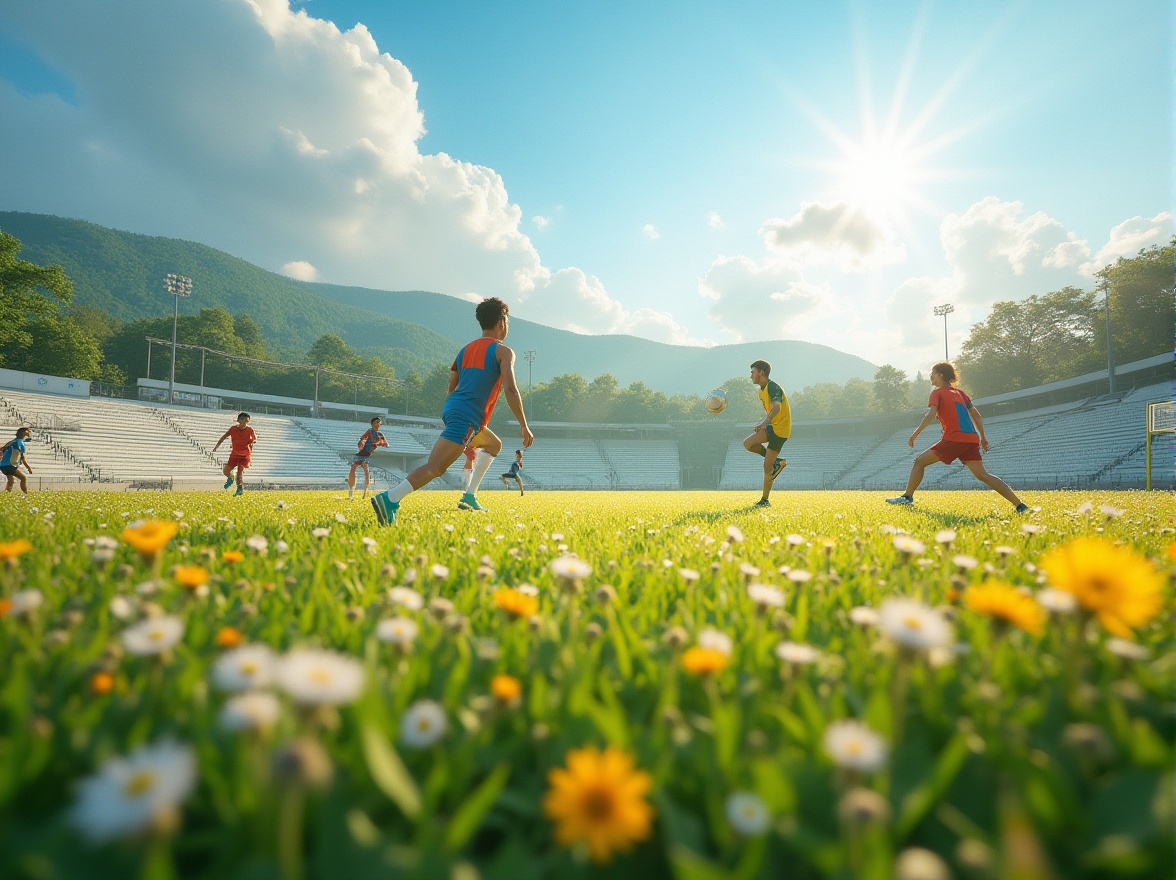 Prompt: Sports stadium, meadow-like environment, lush green grass, vibrant wildflowers, sunflowers, daisies, warm sunlight, soft gentle breeze, rolling hills, white fluffy clouds, blue sky, sports track, athletic field, goalposts, soccer balls, tennis rackets, basketball hoops, players in motion, dynamic poses, sweat droplets, sporty outfits, athletic wear, sneakers, sporty hairstyles, enthusiastic facial expressions, lively atmosphere, dramatic lighting, shallow depth of field, cinematic composition.