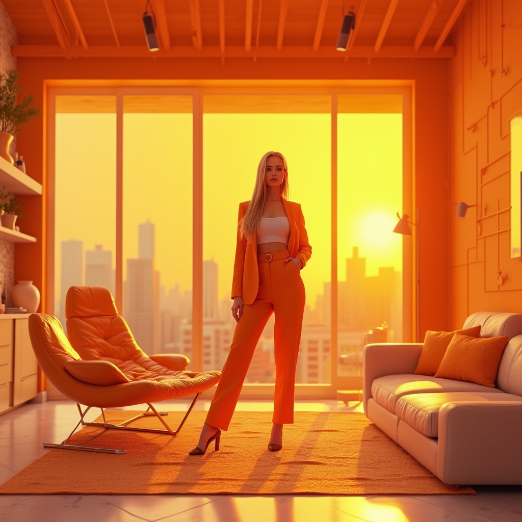 Prompt: Vibrant design, tangerine color scheme, modern minimalist interior, sleek lines, low-poly 3D render, trendy furniture, geometric shapes, bright accent walls, bold typography, fashionable female character, stylish outfit, statement accessories, confident pose, urban loft apartment, large windows, cityscape view, warm softbox lighting, shallow depth of field, cinematic composition.