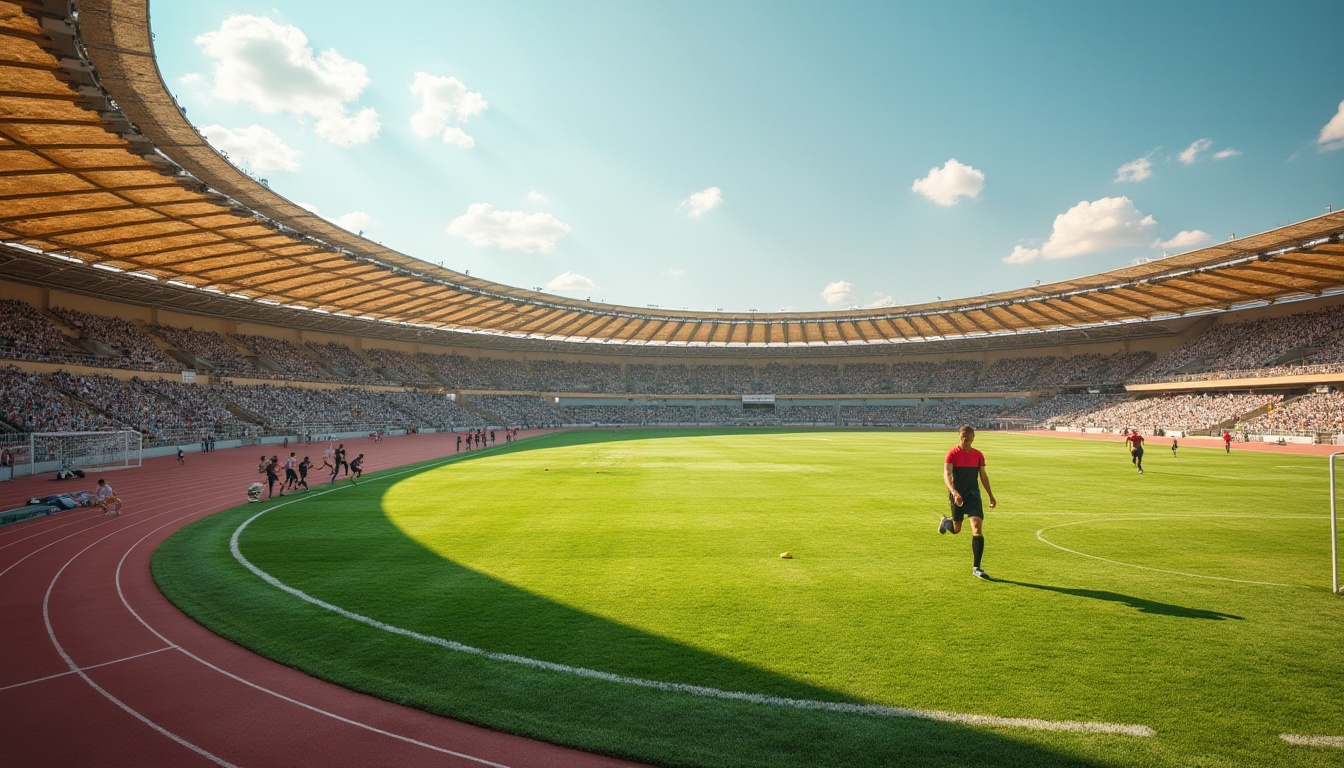 Prompt: Sports stadium, daytime, sunny weather, natural light, warm atmosphere, sandstone architecture, rustic texture, curved lines, modern facilities, lush green grass, athletes running, soccer ball, referee uniform, goalposts, cheering crowd, tiered seating, athletic track, hurdles, discus throw area, javelin throwing field, high jump pit, long jump runway, sports equipment, metal fences, chain-link fence, scoreboard display.