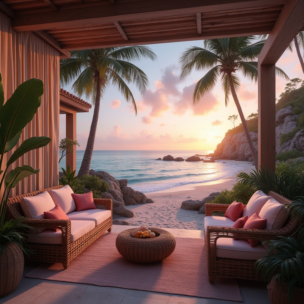 Prompt: Coastal scenery, plum color accents, beachside villa, tropical plants, palm trees, driftwood, wicker furniture, plush cushions, sea breeze, sunset, warm lighting, soft focus, 3/4 composition, panoramic view, shallow depth of field, dreamy atmosphere.