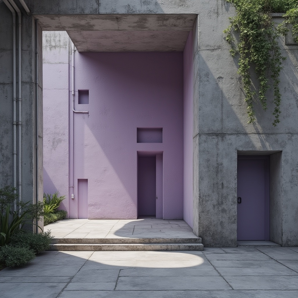 Prompt: Brutalist architecture, lilac accent wall, rugged concrete texture, industrial pipes exposed, minimalist decor, sparse greenery, modern cityscape, urban atmosphere, dramatic shadows, high contrast lighting, cinematic composition, low-angle shot, bold geometric shapes, raw material palette, soft focus background, moody tone.