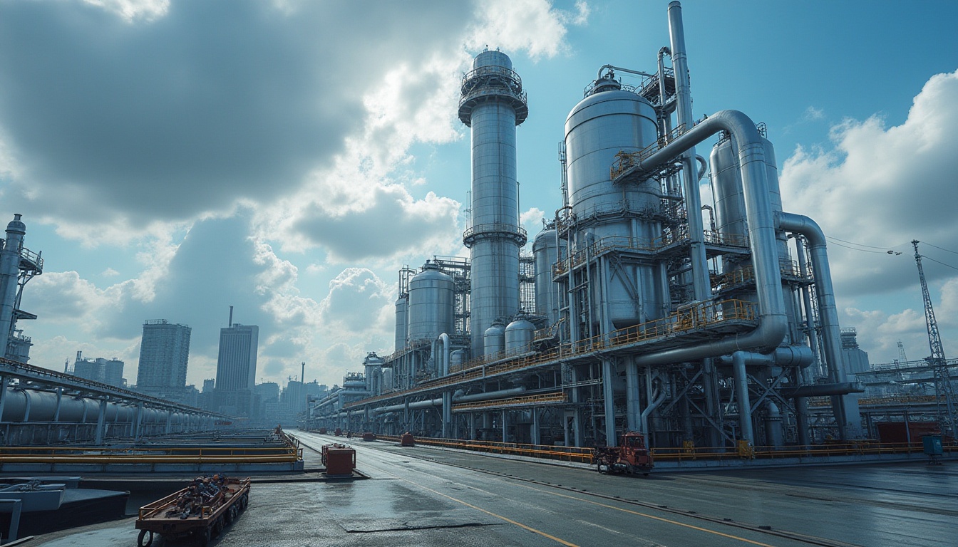 Prompt: industrial scene, galvanized steel, modern material, metallic texture, silver-gray color, reflective surface, intricate patterns, industrial equipment, pipes, valves, machinery parts, factory setting, urban landscape, cityscape, blue sky, white clouds, dramatic lighting, high-contrast composition, cinematic mood, realistic rendering.