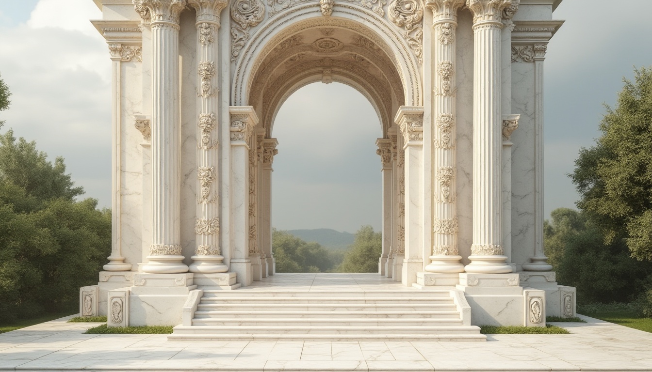 Prompt: Elegant monument, white marble material, intricate carvings, grandiose structure, ornate details, subtle shine, soft natural light, outdoor setting, cloudy sky, lush greenery surroundings, ancient Greek or Roman architectural style, imposing columns, delicate flower patterns, solemn atmosphere, warm beige and cream colors, smooth texture, realistic rendering.