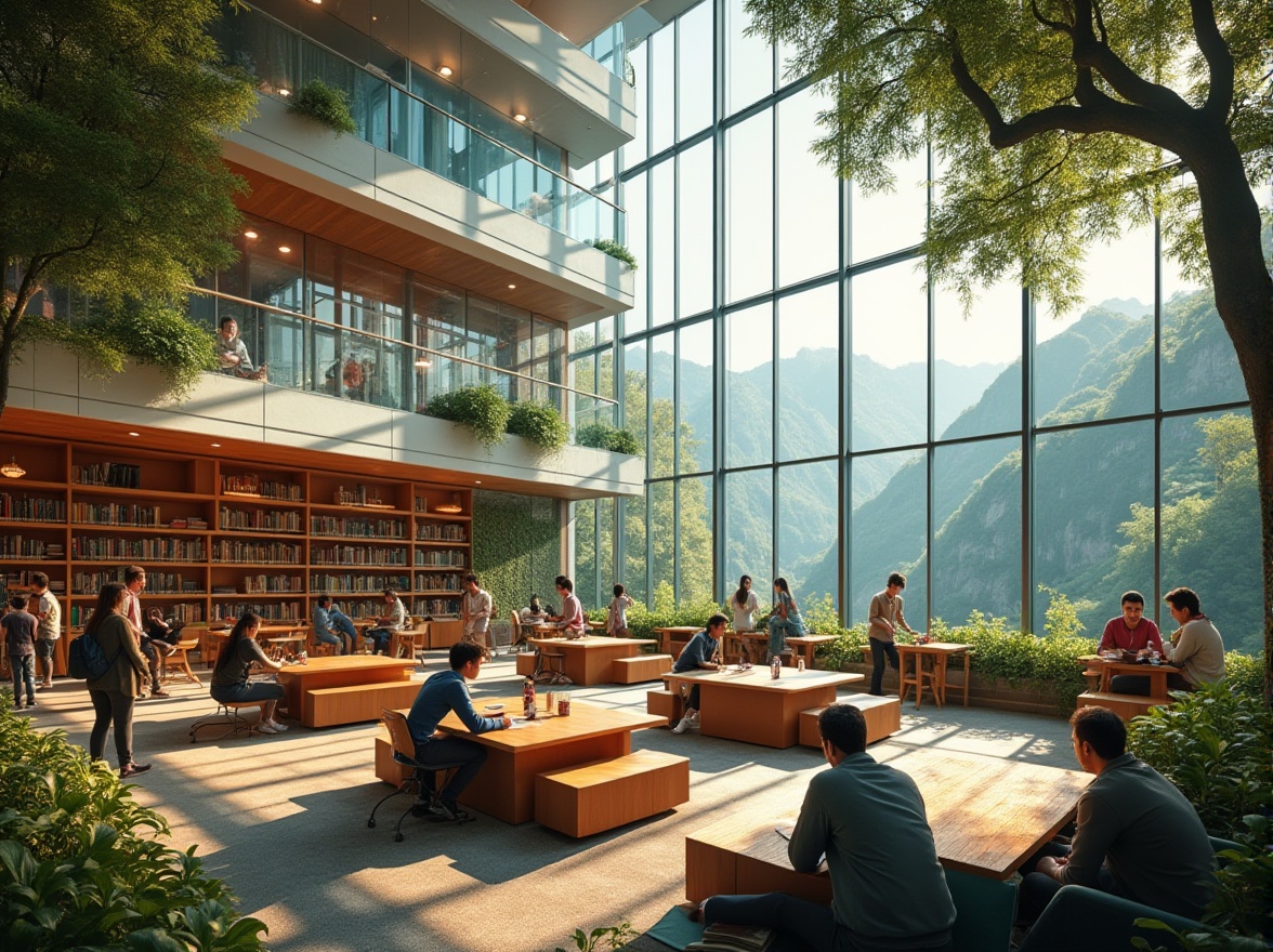 Prompt: Valley-inspired student hall, modern architecture, glass facade, wooden accents, green roofs, vibrant colors, natural light pouring in, students socializing, laughing, studying together, cozy reading nooks, wooden tables, comfortable couches, plants everywhere, floor-to-ceiling bookshelves, warm ambient lighting, panoramic view of surrounding mountains, gentle breeze rustling leaves.