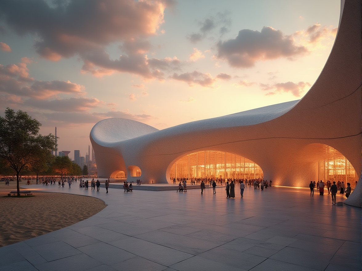 Prompt: Stadium design, modern architecture, sandy texture, casted materials, concrete structure, futuristic curves, sleek lines, grand entrance, floodlights, evening atmosphere, sunset glow, warm lighting, low-angle shot, dramatic shadows, 3/4 composition, urban landscape, cityscape, skyscrapers in the distance, people walking in the background, ambient sounds of cheering crowds.