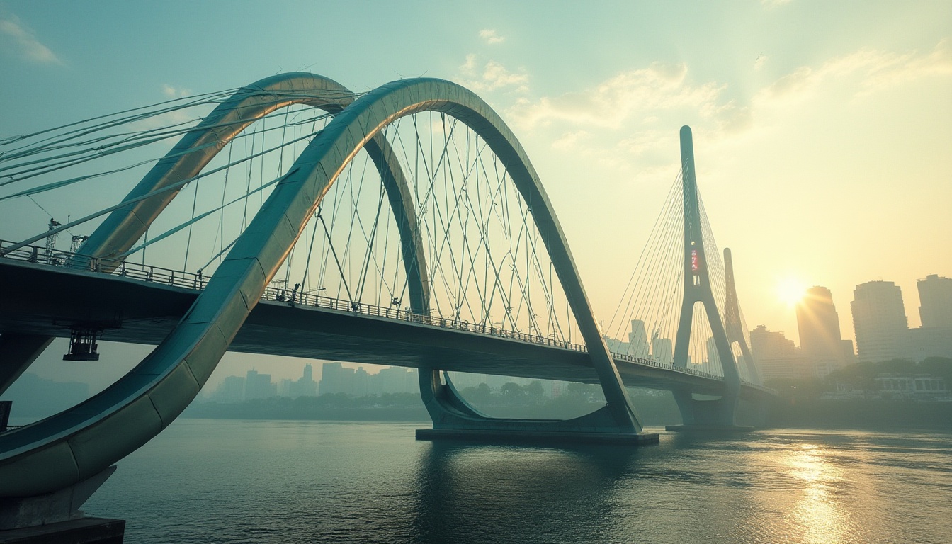 Prompt: Unique Celadon bridge, modern architecture, suspension cables, majestic pillars, gentle arches, urban cityscape, river flowing beneath, sunset warm light, soft misty atmosphere, vibrant Celadon color accents, metallic sheen, sleek lines, geometric shapes, intricate structural details, dramatic shadows, 3/4 composition, low-angle shot.