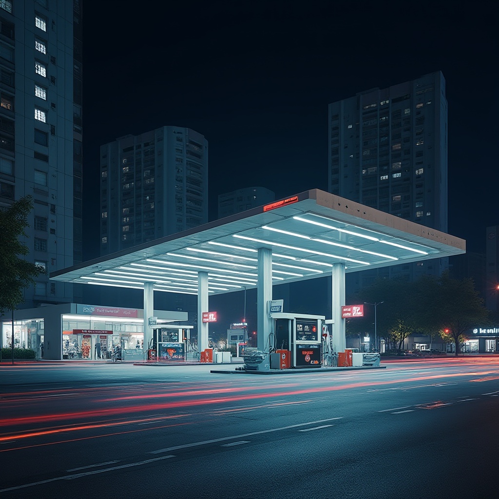 Prompt: Modern gas station, structuralism architecture, futuristic design, steel beams, concrete pillars, angular lines, geometric shapes, minimalist aesthetic, neon lights, reflective surfaces, urban landscape, cityscape, busy streets, night scene, dramatic lighting, high contrast, 3/4 composition, low-angle shot, symmetrical framing, brutalist elements, industrial materials, bold colors, abstract patterns.