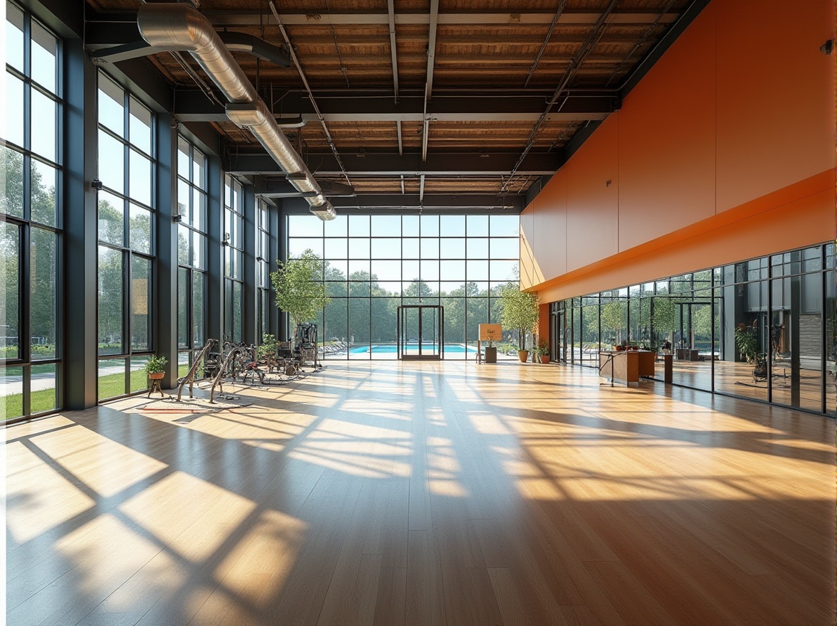 Prompt: Modern suburban gymnasium, large windows, natural light, minimalist interior design, wooden flooring, steel beams, exposed ductwork, industrial chic, vibrant color accents, state-of-the-art exercise equipment, mirrored walls, rubber flooring, basketball court, running track, swimming pool, outdoor patio, landscaped surroundings, lush greenery, modern architecture, clean lines, geometric shapes, functional layout, 3/4 composition, softbox lighting, afternoon sunlight, shallow depth of field.